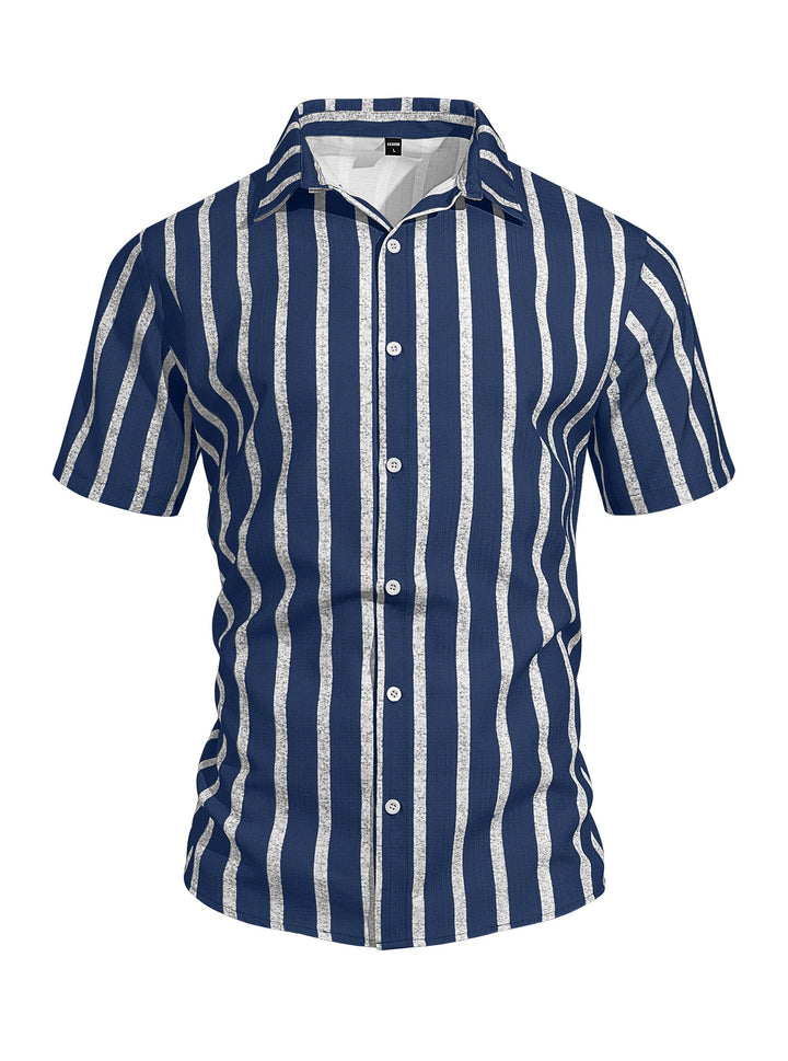 Men's casual short sleeve shirt with vertical block stripes, open lapel collar, and lightweight cotton-linen blend Mune Fashion