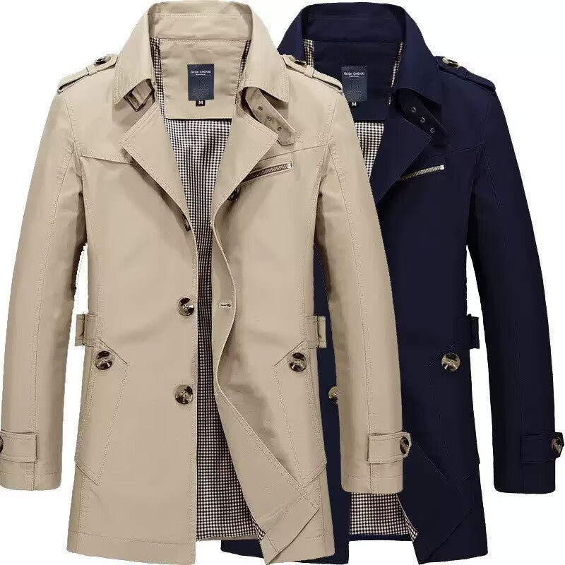 Men's Lightweight Field Style Trench Coat with Epaulettes and Check Lining Mune Fashion