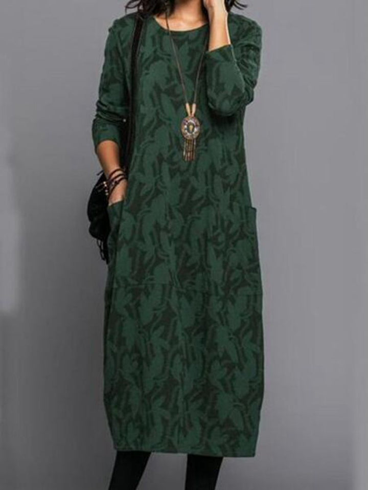 Women's casually cut midi dress made of fine knit with tone-on-tone jacquard, round neckline, and side pockets Mune Fashion