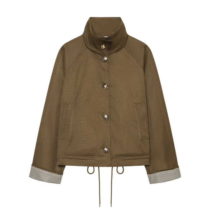 Women's short jacket with high stand-up collar, drawstring hem and contrasting checkered cuffs Mune Fashion