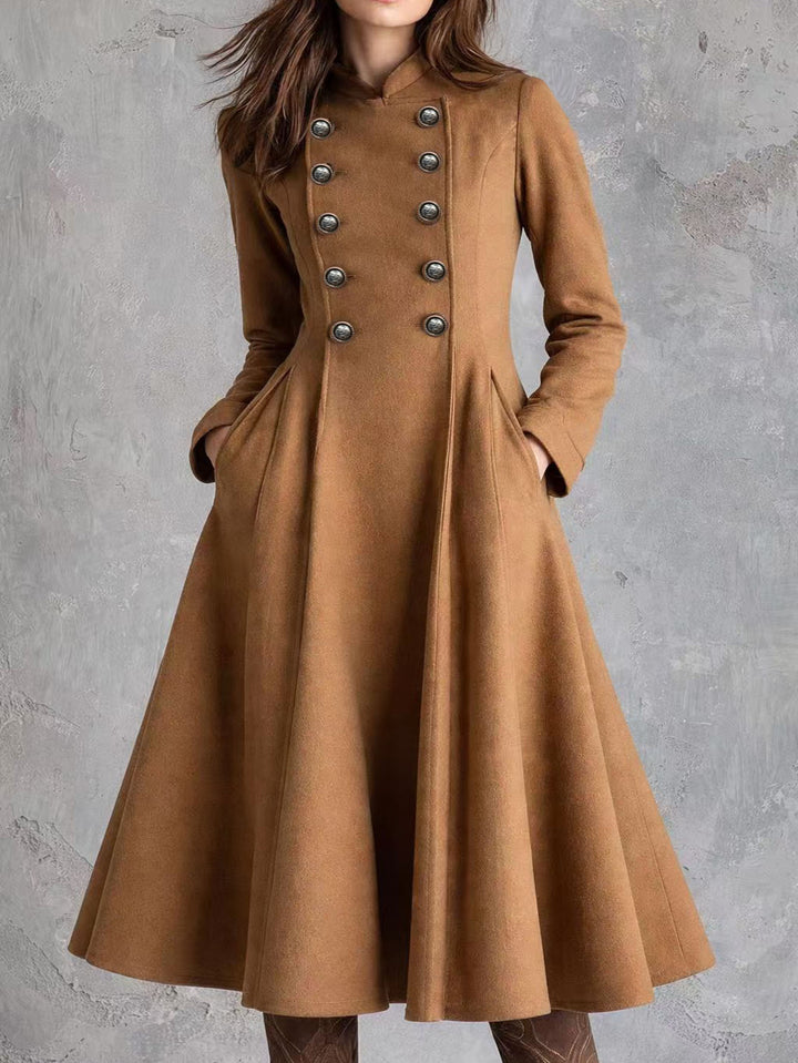 Women tailored coat dress with double-breasted button placket and flared skirt Mune Fashion