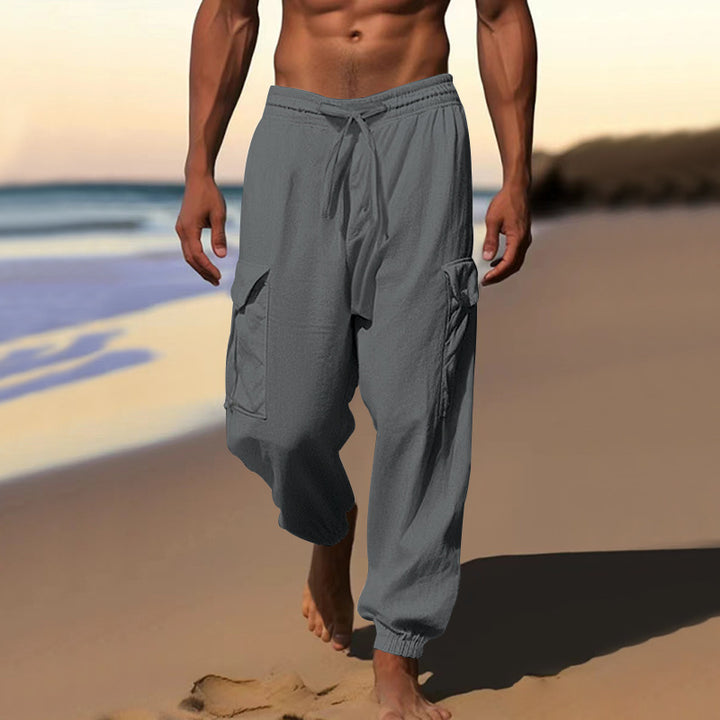 Men's airy linen blend beach pants with cargo pockets and elastic hem Mune Fashion