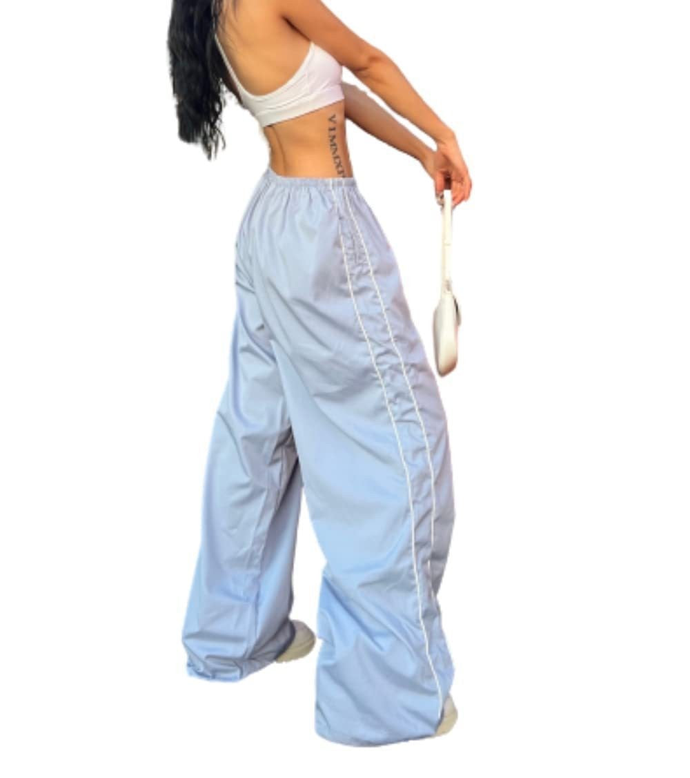 Women's Sporty Palazzo Pants with Elastic Waistband and Contrast Stitching Mune