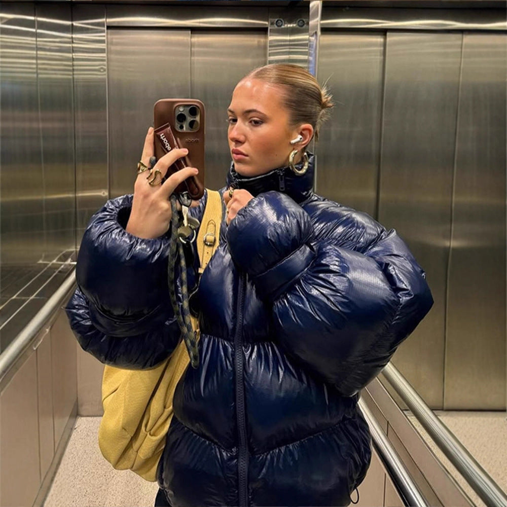Women's Shiny Oversized Padded Jacket with Hood and High Stand-Up Collar Mune Fashion