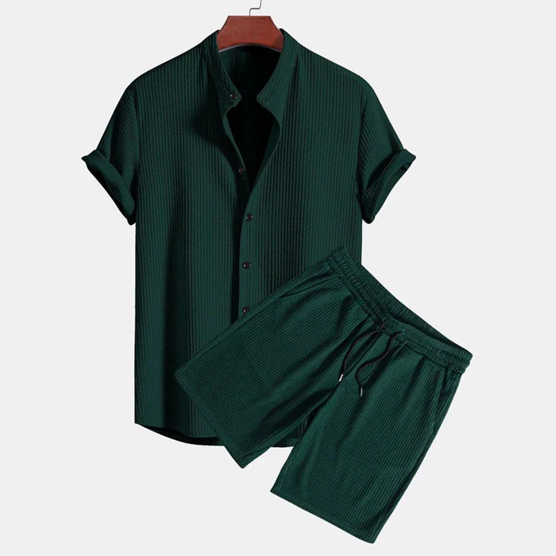 Velvet polo shirt and velvet shorts.