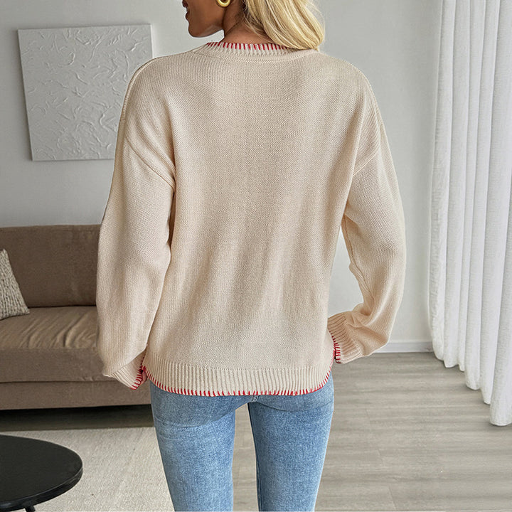 Women's Oversize Fine Knit Sweater with Crab Jacquard, Round Neck and Ribbed Trims Mune Fashion