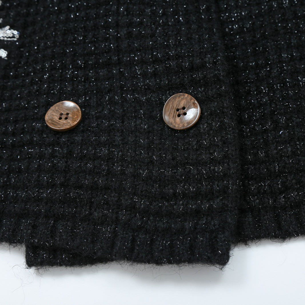 Women Chunky Knit Double-Breasted Cardigan Coat with Shawl Collar and Pearl Sequin Application Mune Fashion