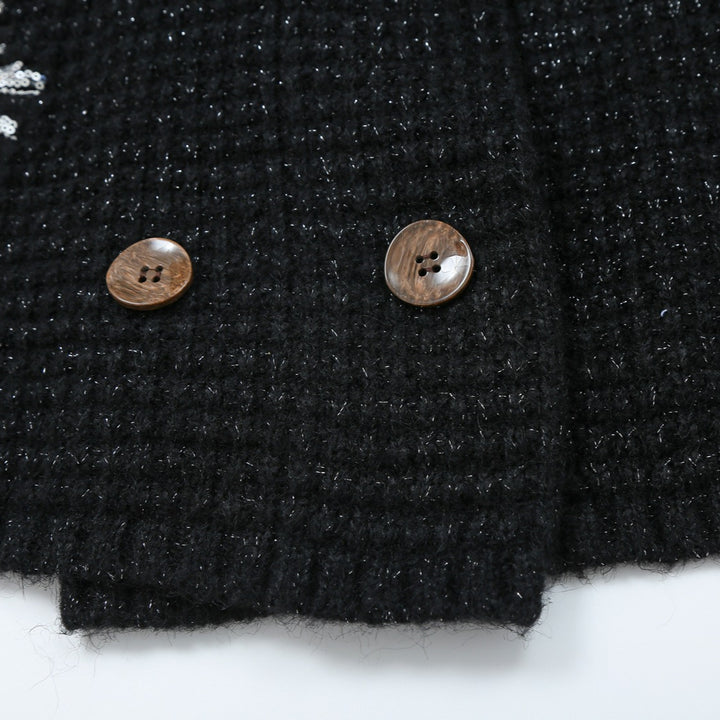 Women Chunky Knit Double-Breasted Cardigan Coat with Shawl Collar and Pearl Sequin Application Mune Fashion