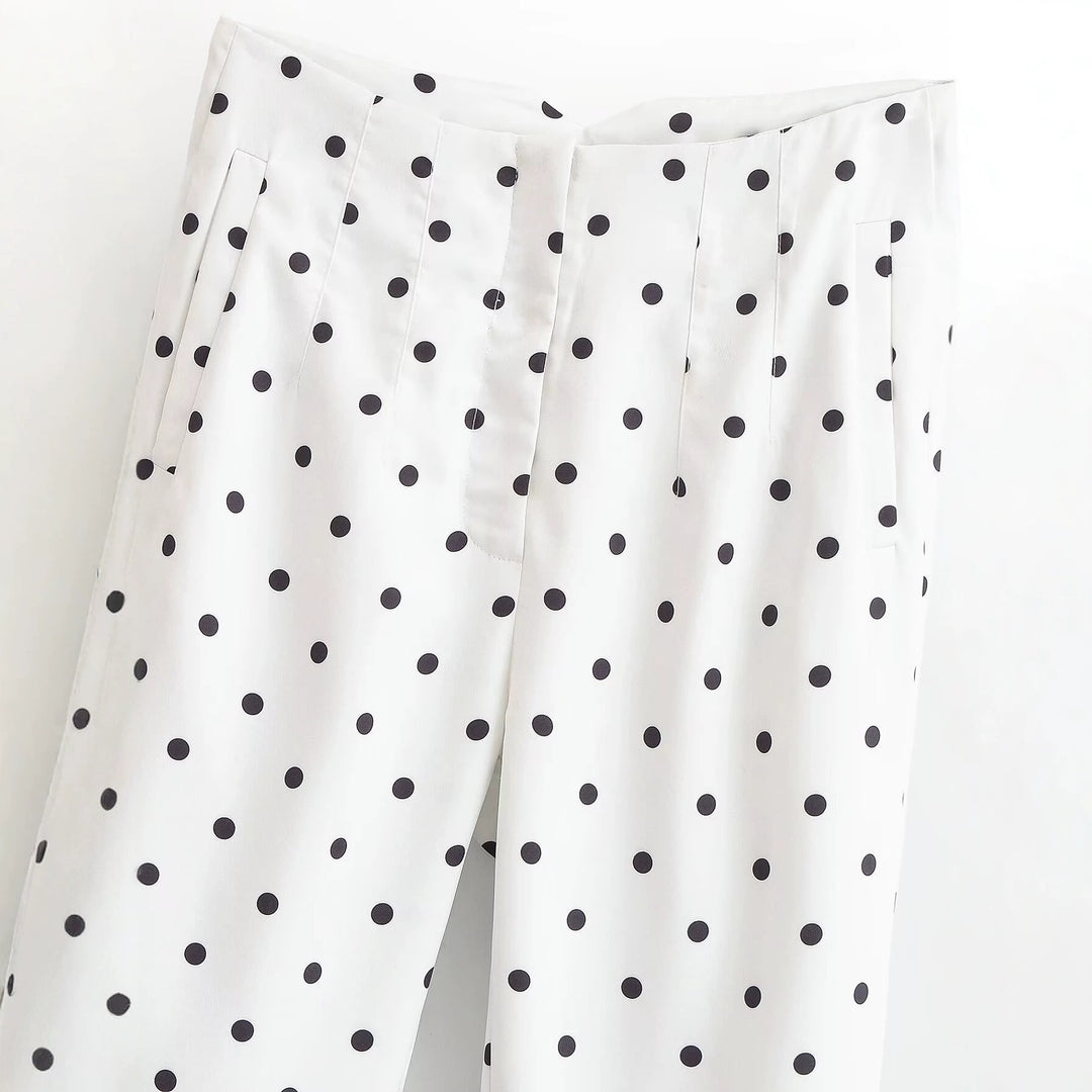 Women's Tailored Fabric Trousers with Narrow Leg, Pleats and Polka Dot Pattern Mune Fashion