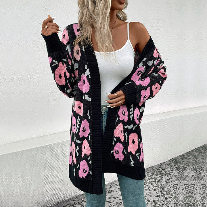 Women's Long Open Knit Cardigan with Leopard Jacquard Pattern and Ribbed Hems Mune Fashion
