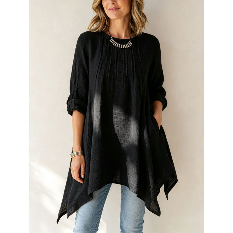 Women Casual Long Tunic with Towel Hem, Ruffled Pleats and Side Pockets Mune Fashion
