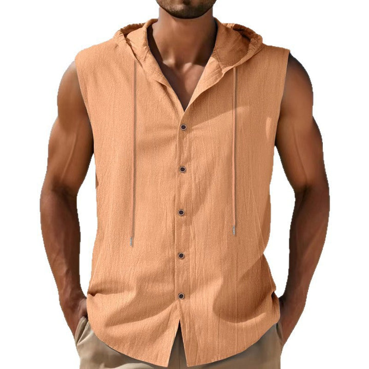 Men's sleeveless hooded shirt in linen look with wooden button placket Mune Fashion
