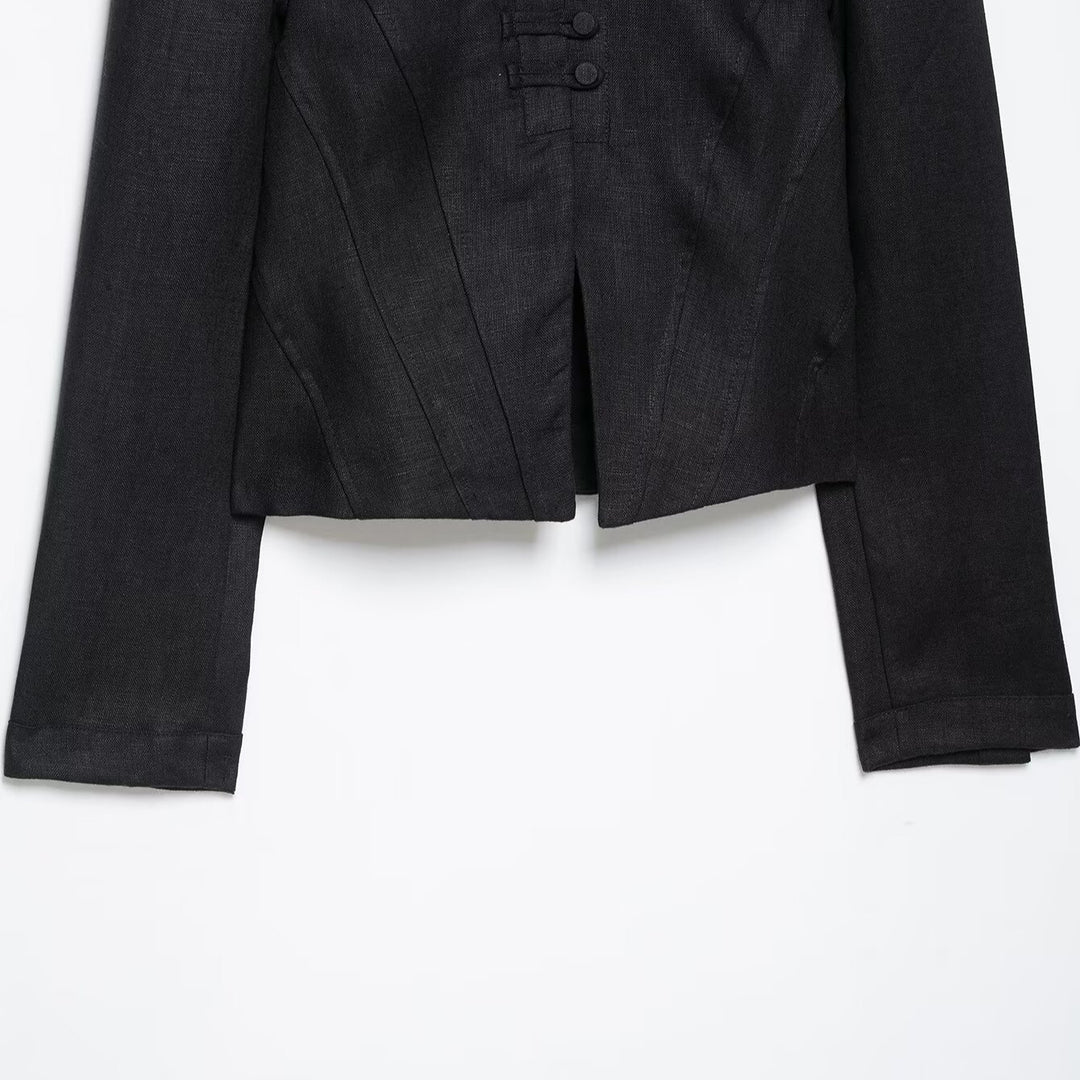 Ladies' short blazer in corset style with stand-up collar, decorative knot closure and tailored division Mune Fashion