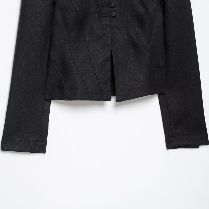 Ladies' short blazer in corset style with stand-up collar, decorative knot closure and tailored division Mune Fashion