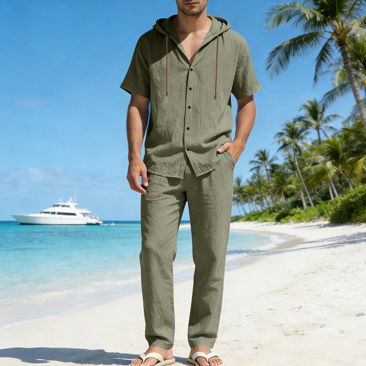 Men's urban leisure set with short-sleeved hoodie shirt, button placket, and straight comfort pants with drawstring Mune Fashion