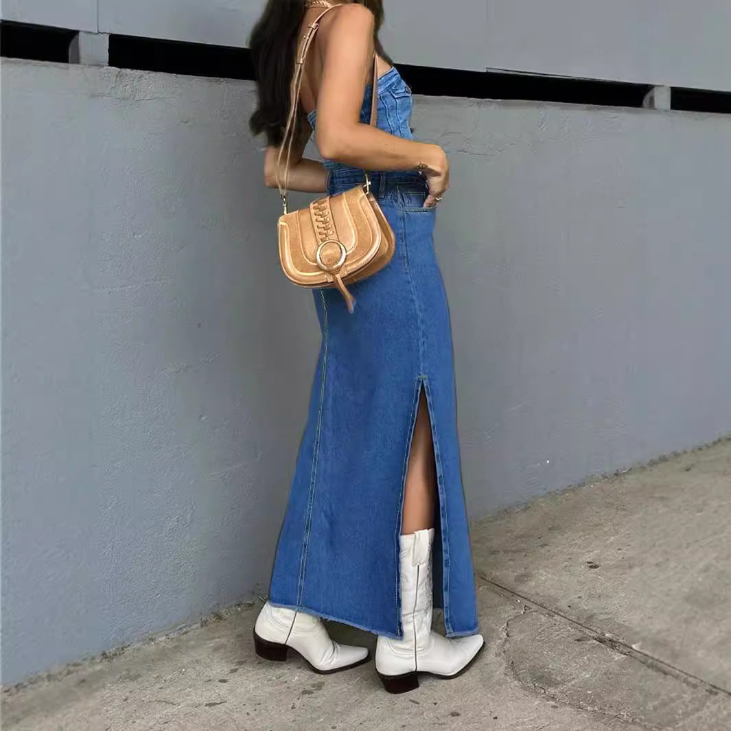 Ladies High-Waist Maxi Skirt made of Denim with front decorative seam and side leg slit Mune Fashion