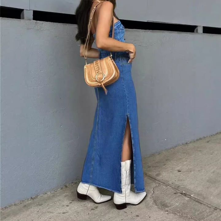 Ladies High-Waist Maxi Skirt made of Denim with front decorative seam and side leg slit Mune Fashion