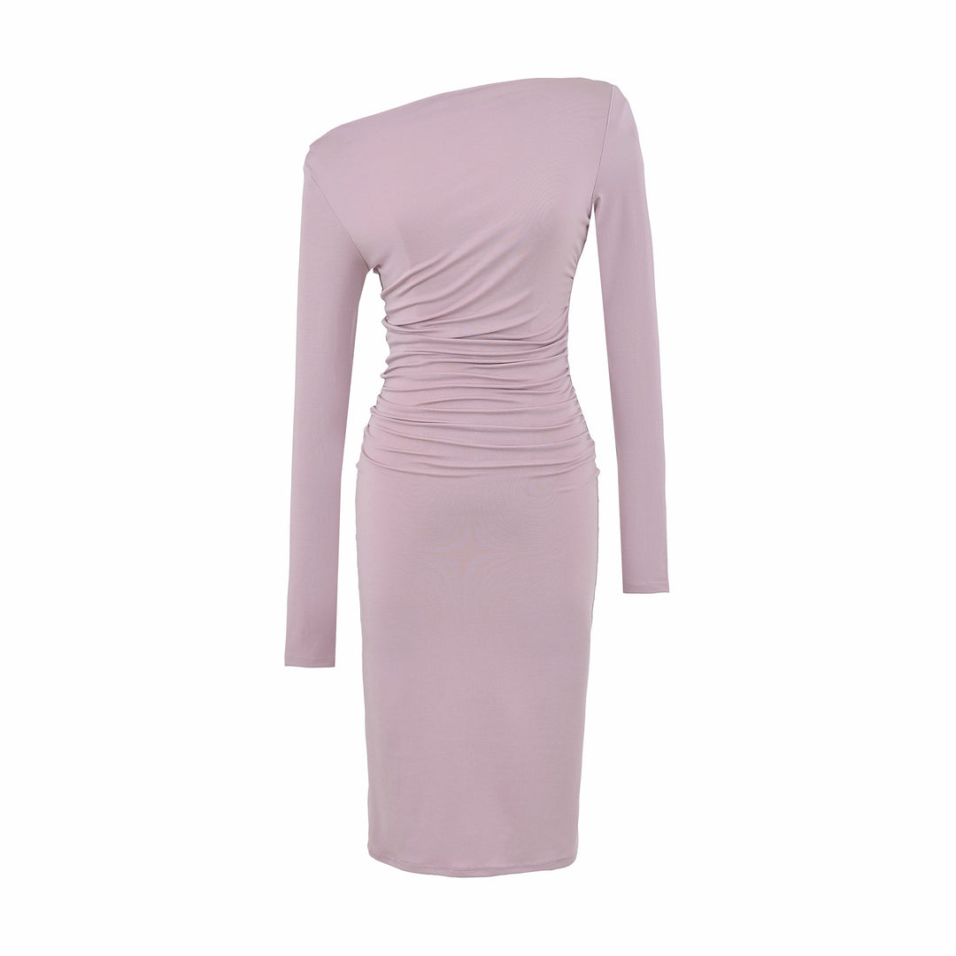 Women's Asymmetric One-Shoulder Midi Dress with Gathering and Long Sleeve Mune Fashion