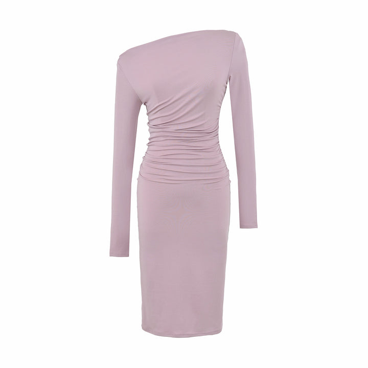 Women's Asymmetric One-Shoulder Midi Dress with Gathering and Long Sleeve Mune Fashion