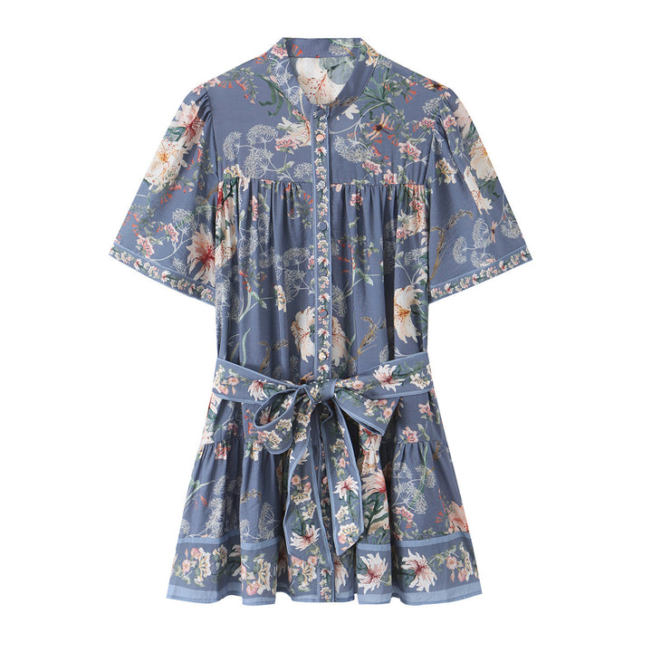Women's floral shirt dress with waist belt and tiered skirt Mune Fashion