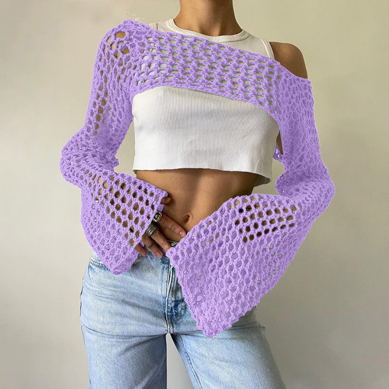 Women's Crocheted Long Sleeve Top with Off-Shoulder Design Mune Fashion