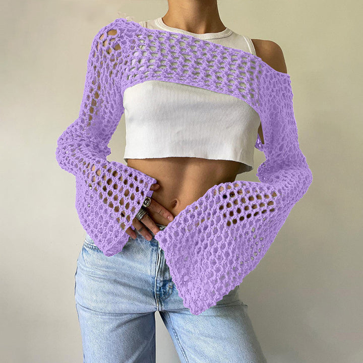 Women's Crocheted Long Sleeve Top with Off-Shoulder Design Mune Fashion