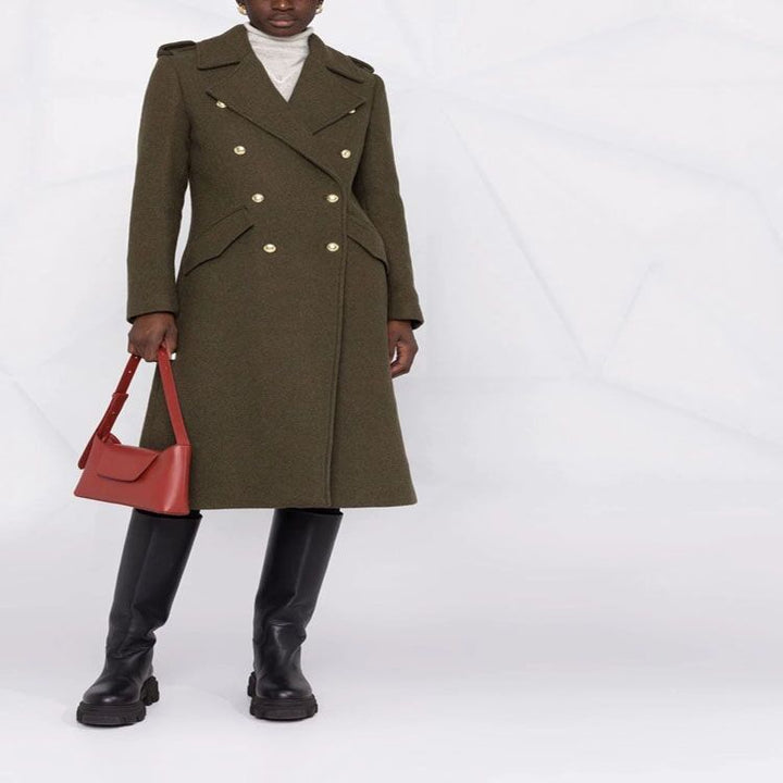 Women A-line Wool Blend Coat with Double-breasted Tailoring, Metal Buttons and Flap Pockets Mune Fashion