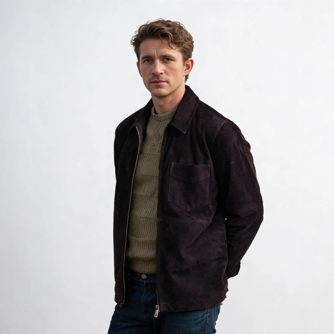 Men's suede jacket with zipper and shirt collar Mune Fashion