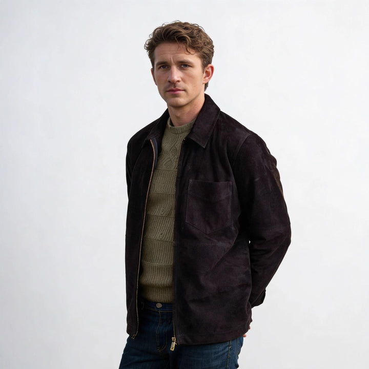 Men's suede jacket with zipper and shirt collar Mune Fashion
