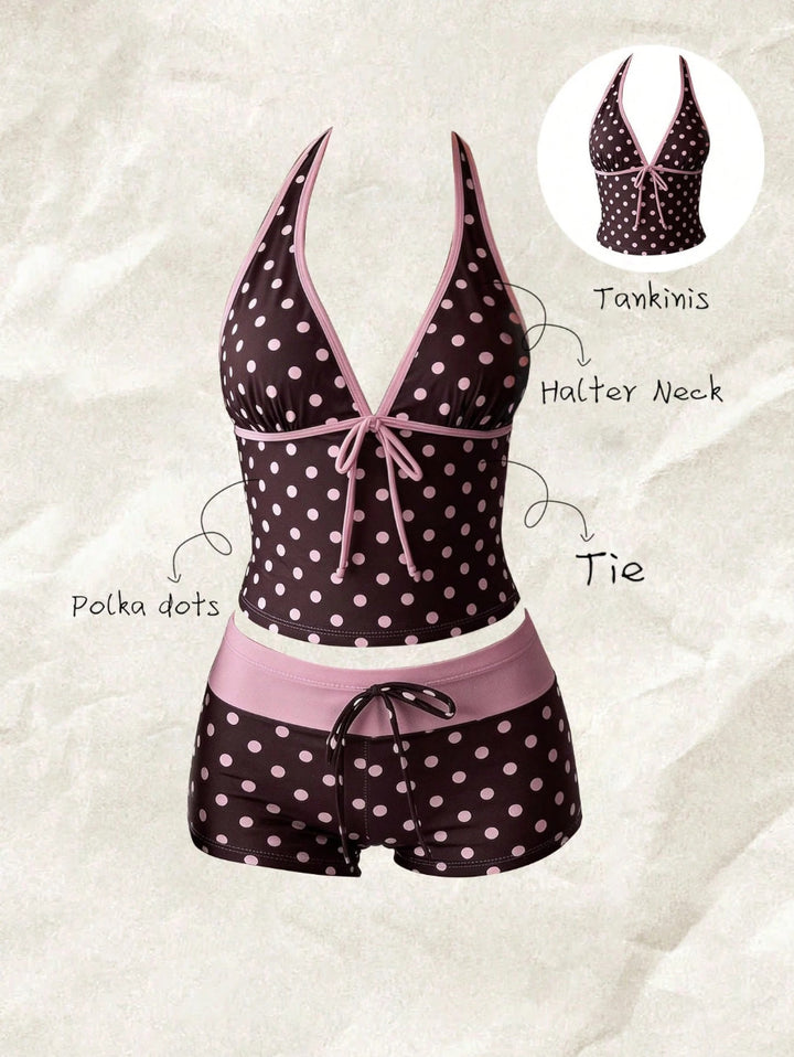 Women's tankini with fashionable polka dot pattern and adjustable halter Mune Fashion