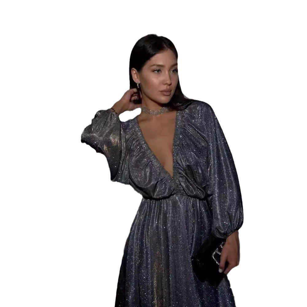 Women's Glittering Evening Dress with Deep V Neckline, Balloon Sleeves and Waist-Defining Bell Skirt Mune Fashion