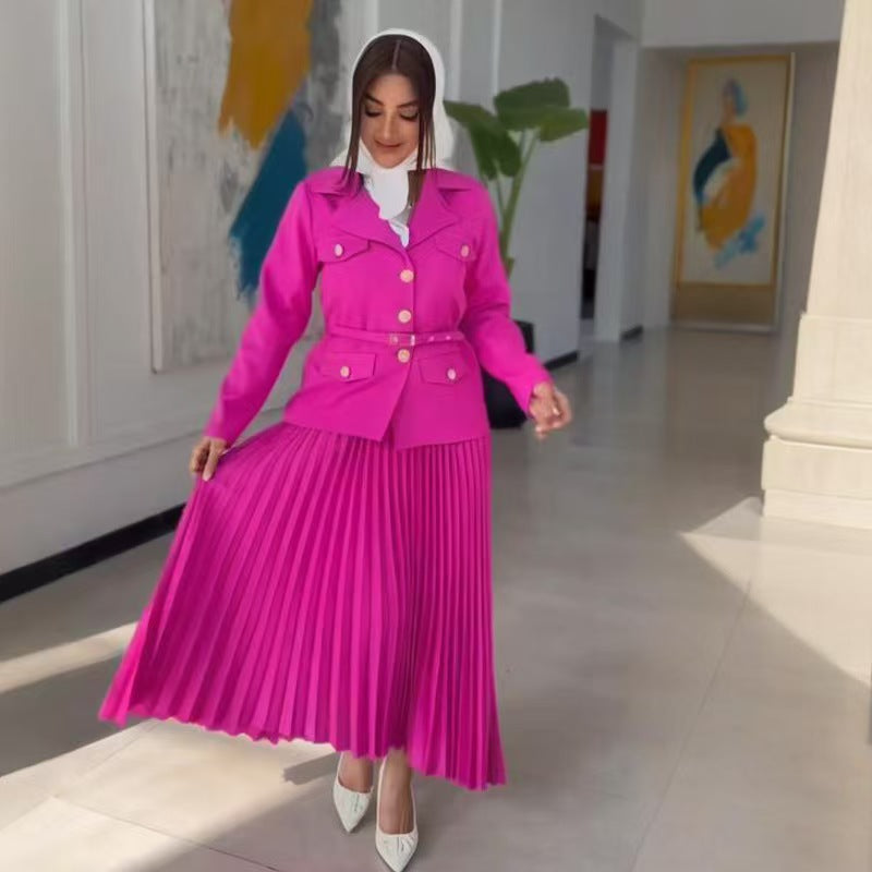 Women's Tailored Blazer with Belt and Pleated Maxi Skirt Set Mune Fashion