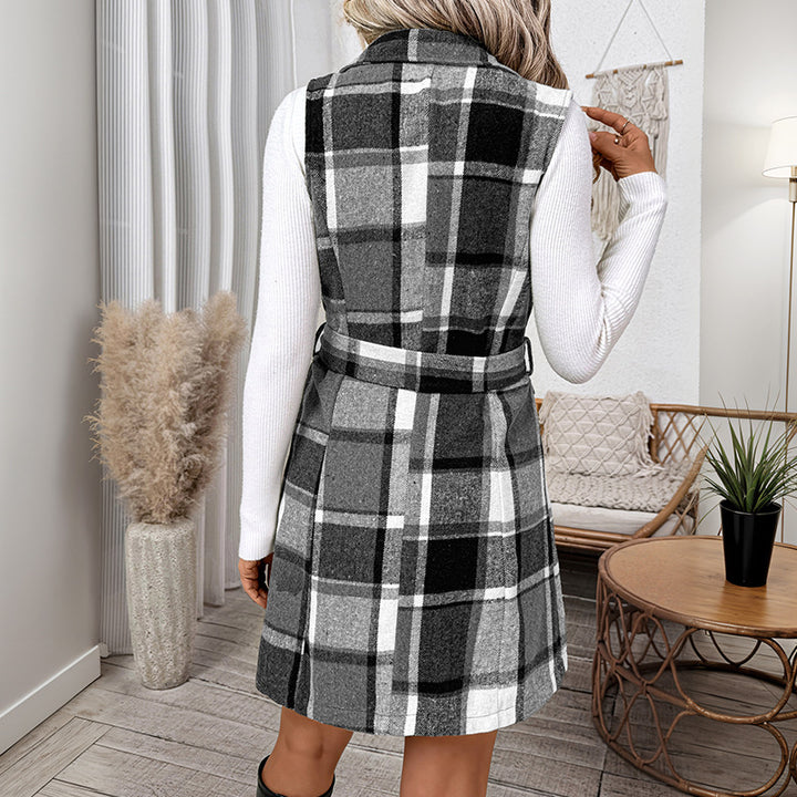 Women Checked Long Jacket Without Sleeves Mune Fashion