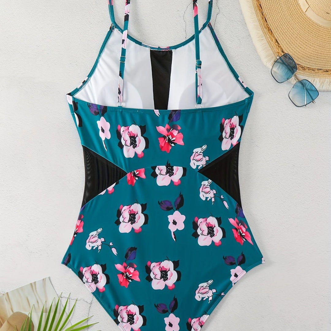 Women One-Piece Swimsuit with Fashionable Floral Design and Stylish Black Mune Fashion