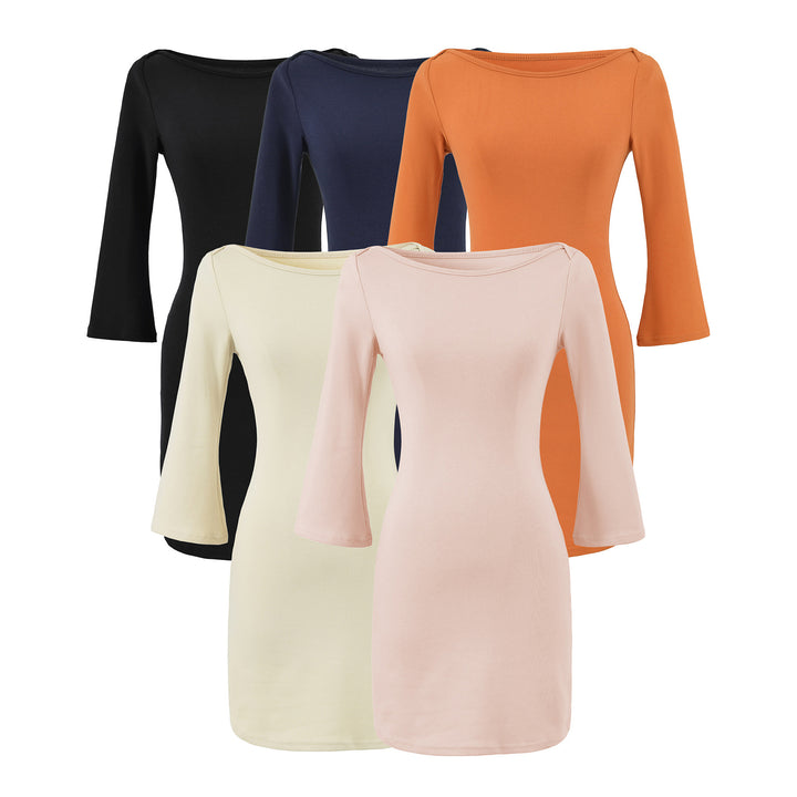 Women's Figure-Hugging Midi Dress with Wide Round Neck and Bell Sleeves Mune Fashion