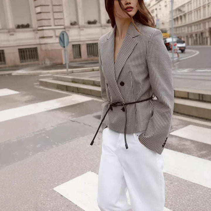 Women's Short Blazer Double-Breasted in Vichy Check with Drawstring Waist Mune Fashion