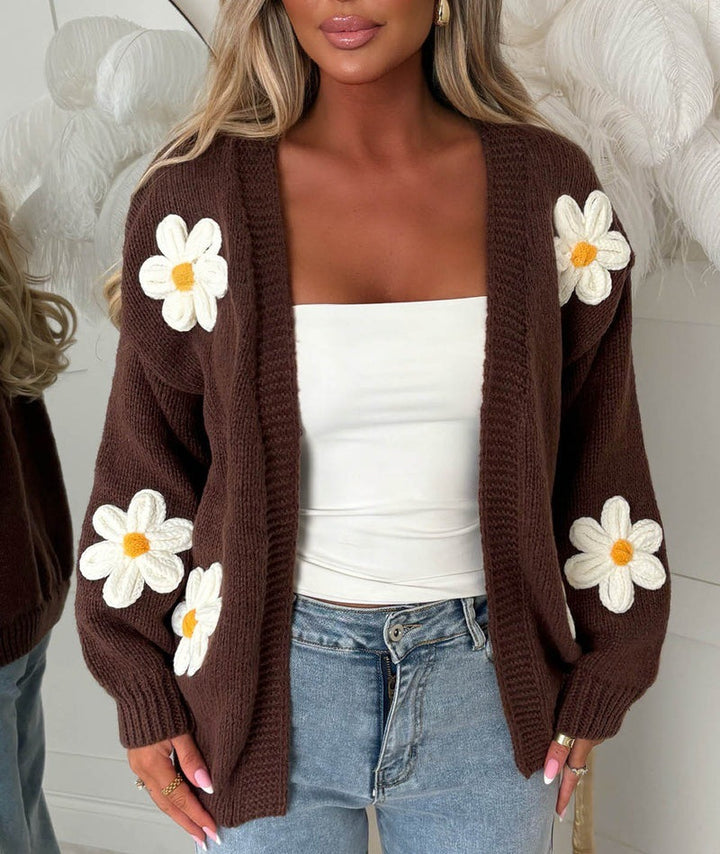 Women’s Oversize Knit Cardigan with 3D Flower Appliqués and Ribbed Hem Mune Fashion