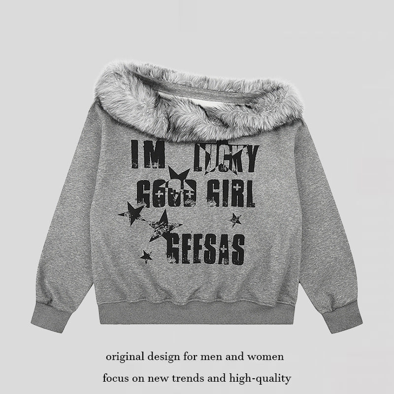 Women's Off-Shoulder Oversize Sweatshirt with cozy Faux-Fur Collar and distressed Star Print