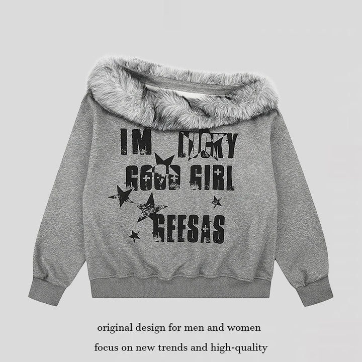 Women's Off-Shoulder Oversize Sweatshirt with cozy Faux-Fur Collar and distressed Star Print