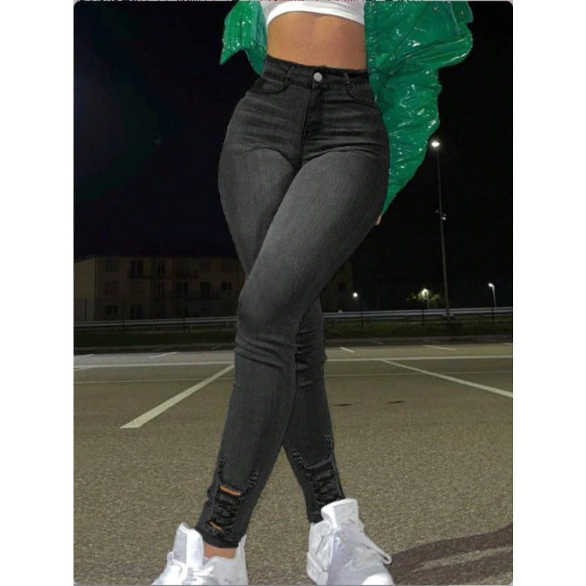 Ladies high-waisted figure-hugging skinny jeans with ankle slits and stretch Mune Fashion