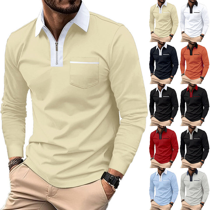 Men's elegant long-sleeve polo shirt with hidden half-zip, structured piqué look, and subtle chest pocket Mune Fashion