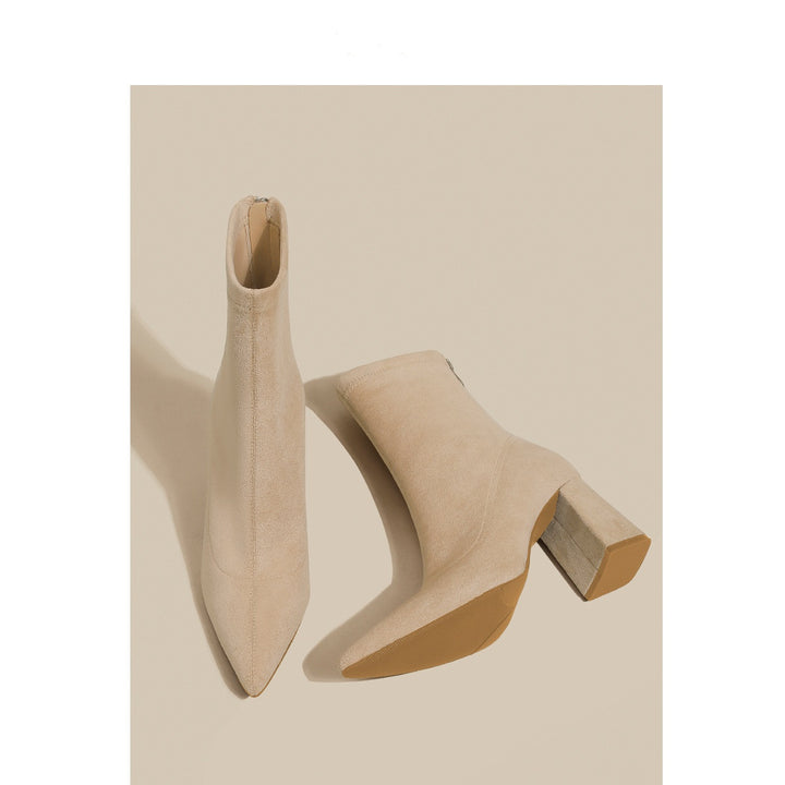 Women Lace Sock Ankle Boots with Sculptural Block Heel and Stretch Velvet Look Mune Fashion