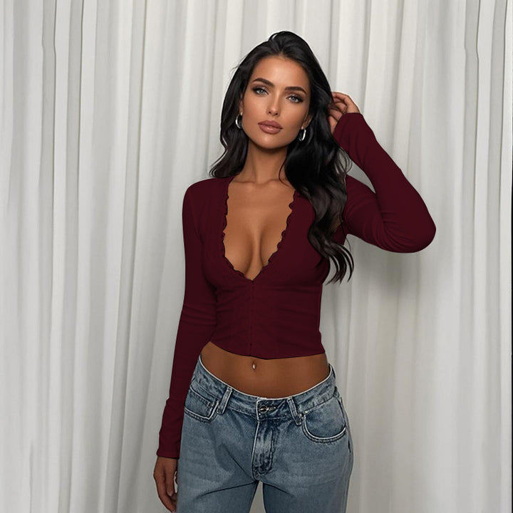 Women's fitted crop top with deep V-neck and lace trim Mune Fashion