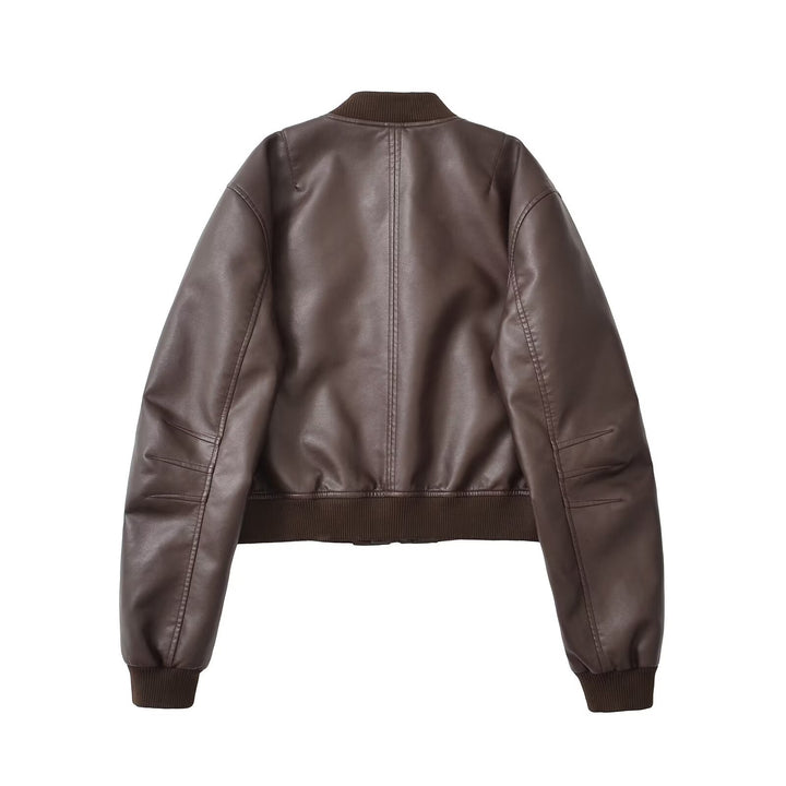 Women's bomber jacket in leather look with ribbed cuffs, chest pocket, and zipper Mune Fashion