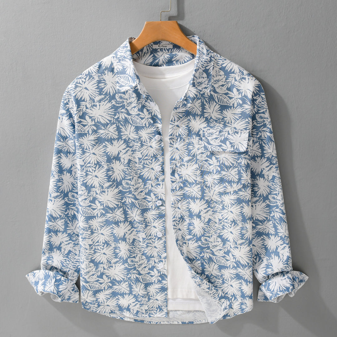 Women's Lightweight Floral Print Overshirt made of Linen-Cotton Blend with Kent Collar and Chest Pocket Mune Fashion