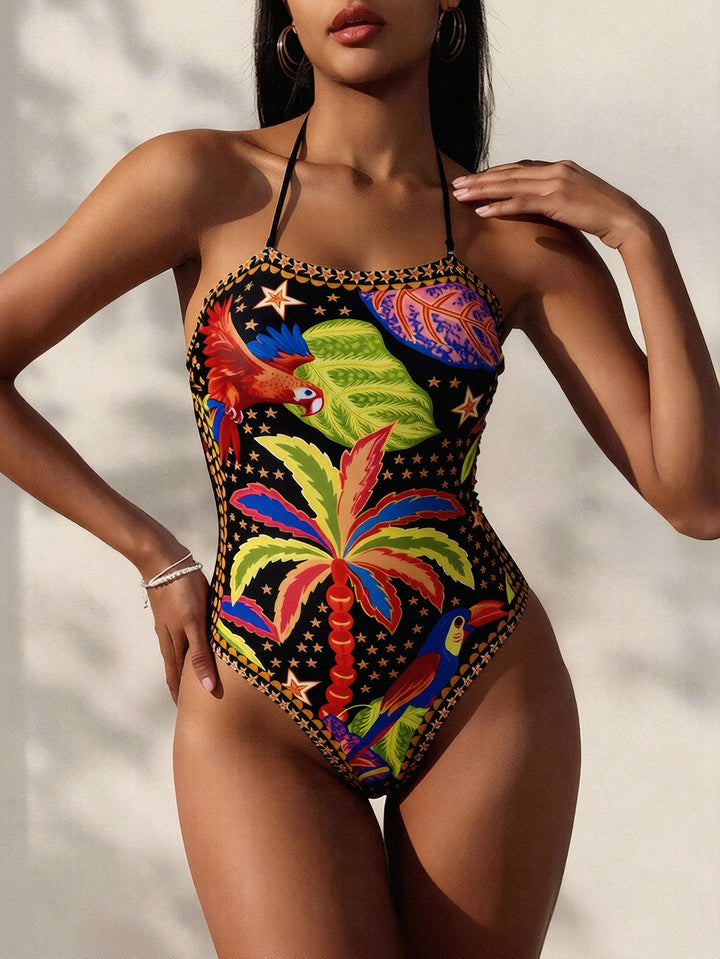 Women's One-Piece Swimsuit with Tropical Pattern and Deep Neckline Mune Fashion