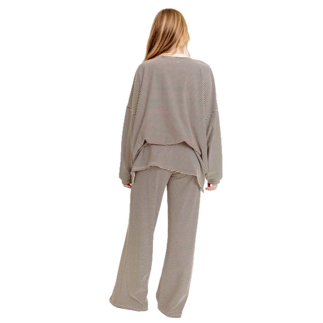 Women's striped comfort set made of fine ribbed jersey with oversized sweater and wide waistband trousers Mune Fashion