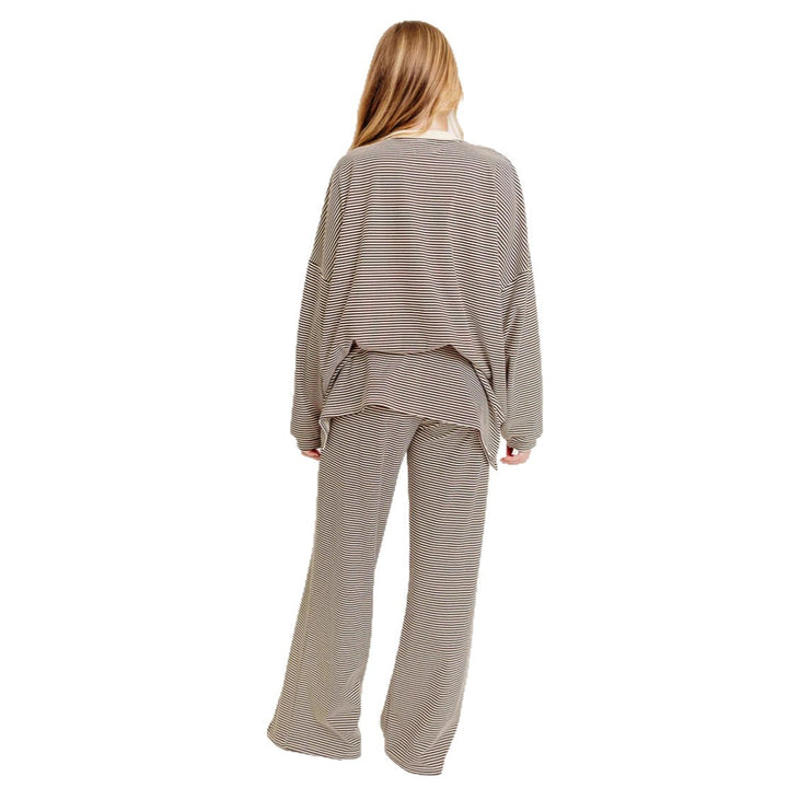 Women's striped comfort set made of fine ribbed jersey with oversized sweater and wide waistband trousers Mune Fashion