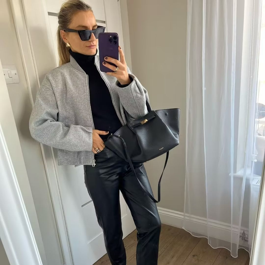 Women's short-cut minimalist bomber jacket with concealed two-way zipper and side pockets Mune Fashion