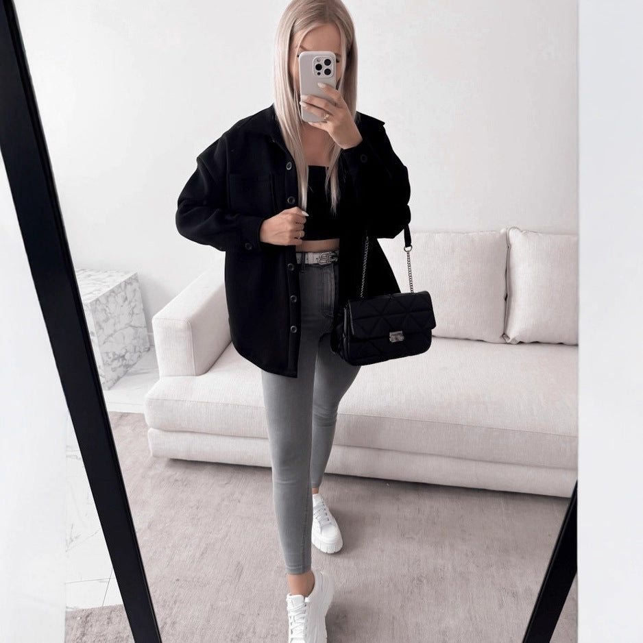 Women Oversized Shirt Jacket Shacket made of soft wool blend with patch chest pockets Mune Fashion
